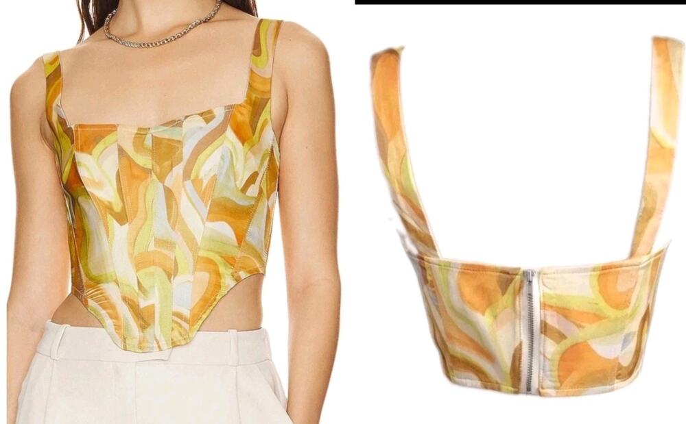 Bardot Tiani Corset Bustier Top Zipper Back Yellow Mod Swirl Print Size Small